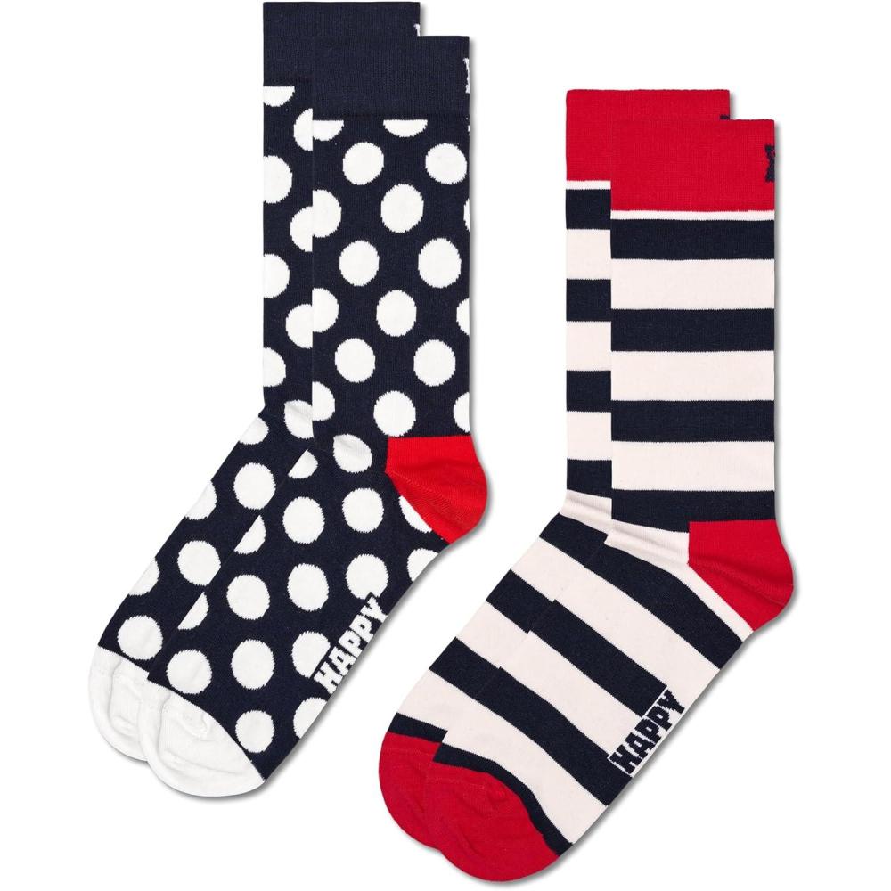 imageHappy Socks Classic Big Dot Design Crew Socks for Men and Women made with Sustainable Organic Cotton  Blue White and Red  size 1013  2Pack