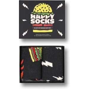 Happy Socks Foodie Design Sustainable Crew Sock Gift Box Sets- For Men and Women- Burger, Ice Cream, Picnic(2-pack Blast Off Burger Socks Gift Set)